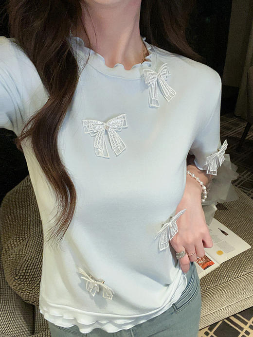 张心子【自在松弛】甜美波浪纹针织衫女短袖春夏新款法式修身T恤 U2602063 商品图1