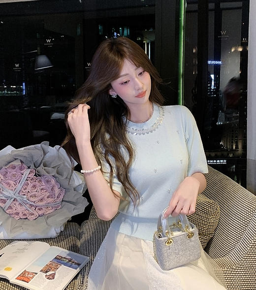 张心子【心动赴约】圆领软糯亲肤钉珠针织衫上衣 U2602041 商品图4