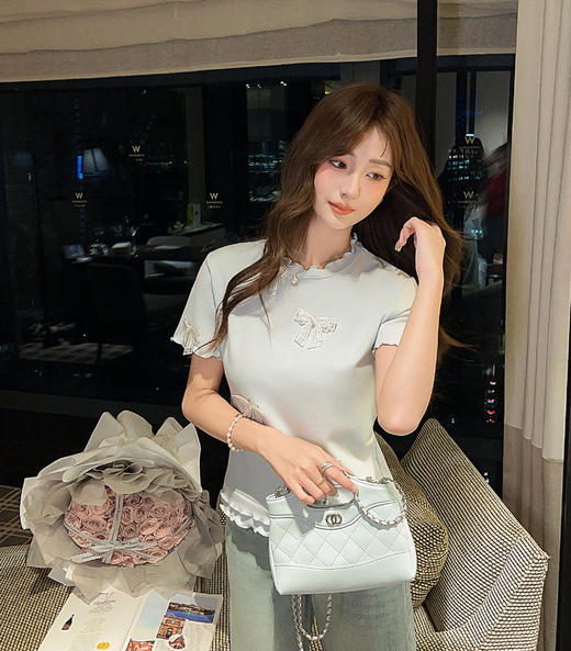 张心子【自在松弛】甜美波浪纹针织衫女短袖春夏新款法式修身T恤 U2602063 商品图3