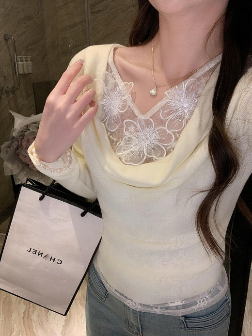 张心子【蕾丝绮梦】荡领网纱拼接针织衫上衣 U2602040 商品图4