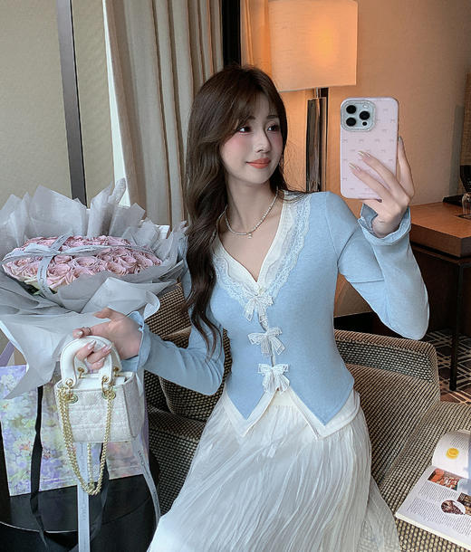 张心子【半糖主义】甜美假两件撞色针织衫女长袖早春新款修身上衣 U2602047 商品图1