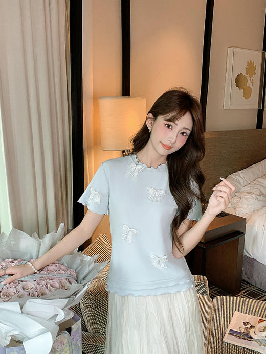 张心子【自在松弛】甜美波浪纹针织衫女短袖春夏新款法式修身T恤 U2602063 商品图2