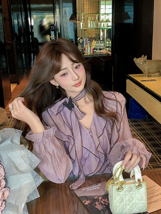 张心子【白日舒曼】撞色木耳边雪纺衬衫女春新款绝美独特洋气上衣 U2602064 商品图13