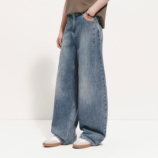 森马牛仔裤男夏季宽松弧形弯刀长裤2026新款复古泼墨做旧水洗裤子 商品图2