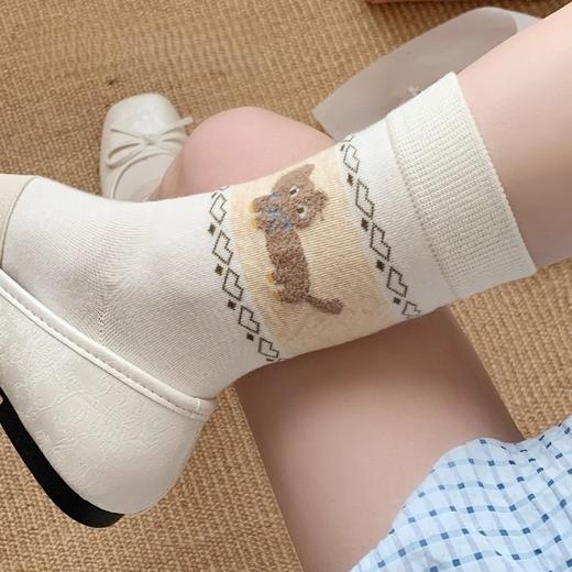袜子女款春秋款纯棉中筒袜学生可爱卡通猫咪小狗提花植绒无骨袜子 商品图1