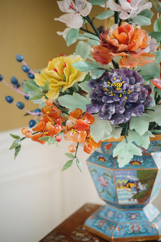 【已售】独角鹿西洋古董20世纪50-70年代中国创汇时期出品景泰蓝盆装饰「玉堂富贵」主题珍宝像生盆景一对 商品图7