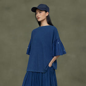 【林栖设计小店】植物染色|手工植物蓝拼桑蚕丝压褶2026春新款宽松T恤1961256