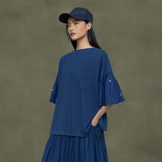 【林栖设计小店】植物染色|手工植物蓝拼桑蚕丝压褶2026春新款宽松T恤1961256 商品图0