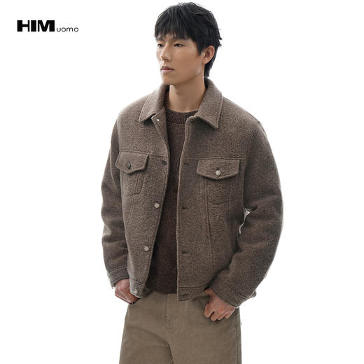 HIM漢崇【商场同款】轻暖复古肌理感羊毛呢夹克工装翻领夹棉外套 商品图0