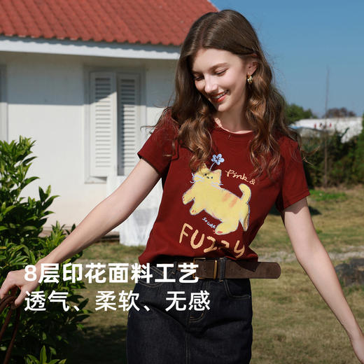 三彩2026春季新款休闲圆领正肩短袖T恤套头衫短款卡通印花绣花M 商品图1