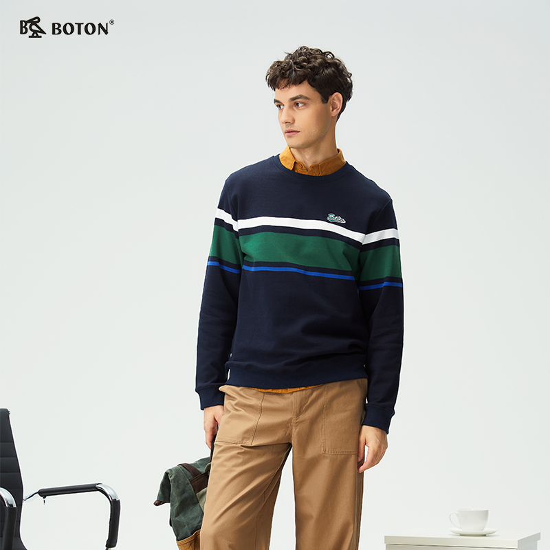 【“微瑕疵”新品特惠出清】波顿男士针织上衣蓝绿白条卫衣*MT070126