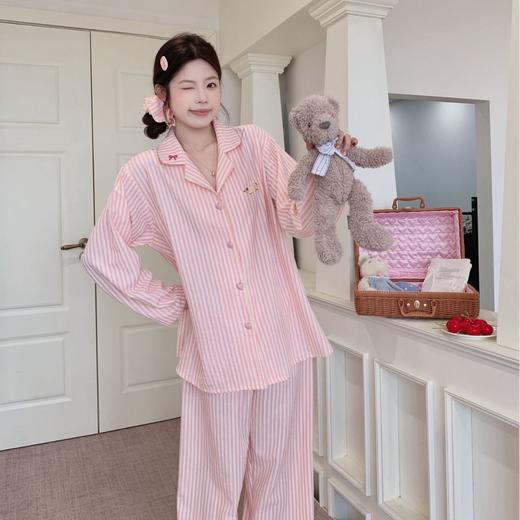 【亲肤透气宽松不勒❗️甜美少女感拉满】2026新款甜美条纹长袖睡衣女春夏季全棉刺绣家居服女舒适套装。jd 商品图3