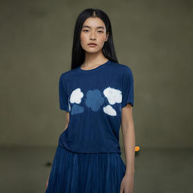 【林栖设计小店】植物染色|手工植物蓝优雅百搭气质2026春新款宽松T恤1961168
