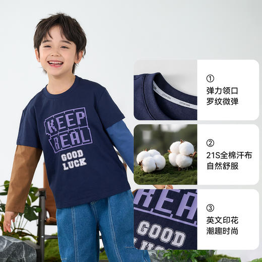 【10A抗菌纯棉】棉花堂绵绵潮趣印花假两件撞色童装长袖T恤-FD61022 商品图3