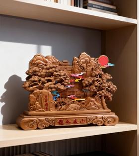 桃木五岳独尊台屏泰山全景图摆件景泰蓝木雕刻装饰品