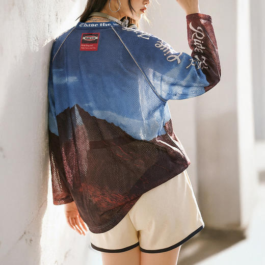 马登美式复古针织满印花长袖T恤薄款宽松立领套头外穿上衣女士春 商品图3