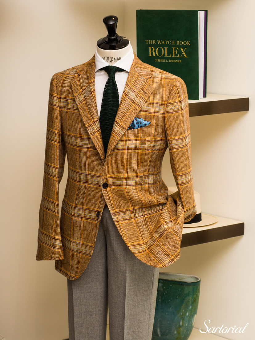 Cesare Attolini 橘色格纹亚麻单西