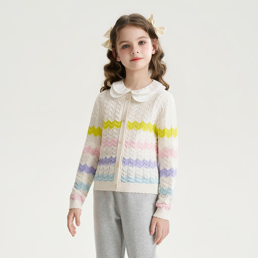 mettekids儿童针织衫2026春季女童多巴胺彩虹条纹桑蚕丝毛衣开衫 商品图3