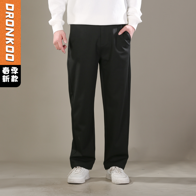 DRONKOO 2026 半松紧腰左口袋压线织唛斜纹小直筒中厚休闲长裤