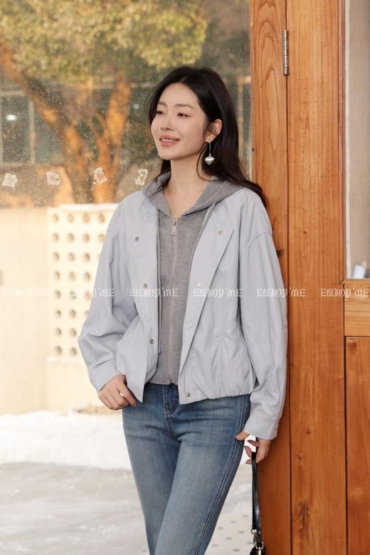 【门店同款】ENJOY春季“柔权主义”假两件连帽拼接皮衣 169193274 商品图2