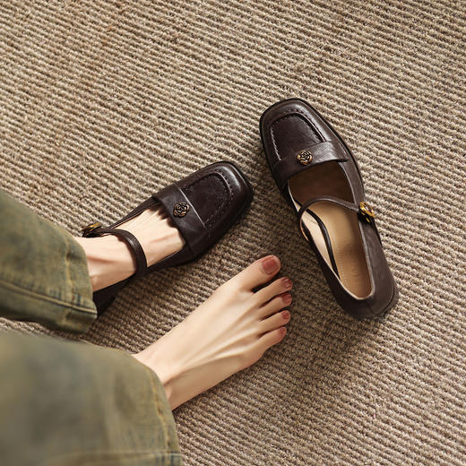 阿么手工女鞋一字带山茶花轻复古百搭单鞋女款法式玛丽珍鞋子5CM 商品图2