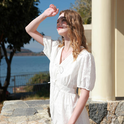 【理想裙】三彩2026春季新款法式纯棉V领镂空绣花连衣裙A字裙M 商品图1