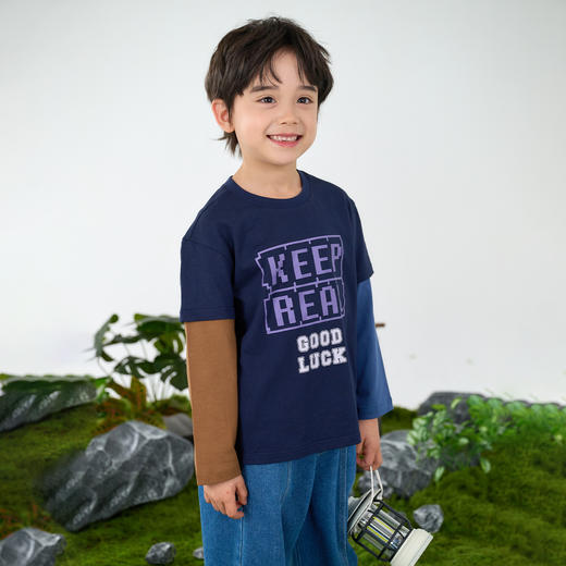 【10A抗菌纯棉】棉花堂绵绵潮趣印花假两件撞色童装长袖T恤-FD61022 商品图7