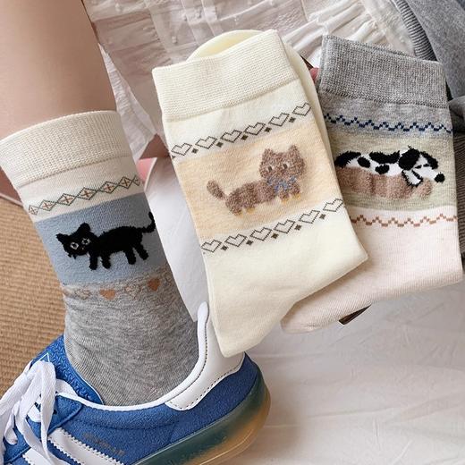 袜子女款春秋款纯棉中筒袜学生可爱卡通猫咪小狗提花植绒无骨袜子 商品图3