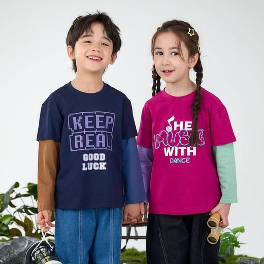 【10A抗菌纯棉】棉花堂绵绵潮趣印花假两件撞色童装长袖T恤-FD61022 商品图5