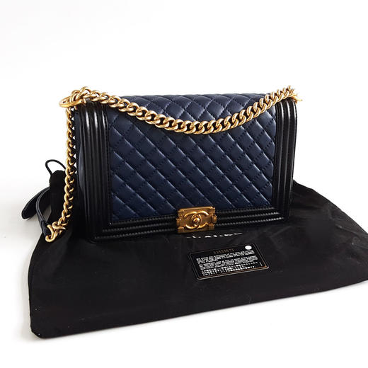 【95新】CHANEL香奈儿A92193 Y61116 C9510中大号28cm蓝黑拼色羊皮Leboy链条包单肩包女士040226TJ02 商品图1