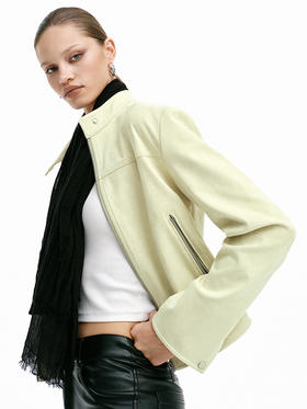 TR她热 肯豆私服 豆绿灰麂皮正肩复古显瘦拉链修身立领短款夹克外套