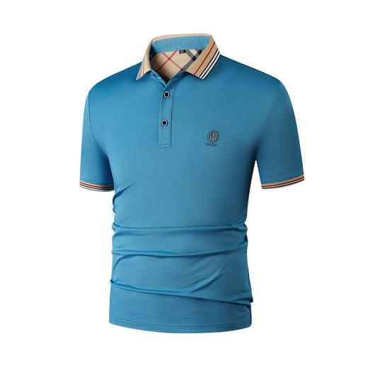 新款桑蚕丝男士短袖t恤POLO衫格子电脑领刺绣男POLO衫   PSL-832 商品图4