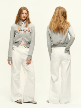 出逃赤岗西/25AWS019/灰色小狗印花短款连帽卫衣外套