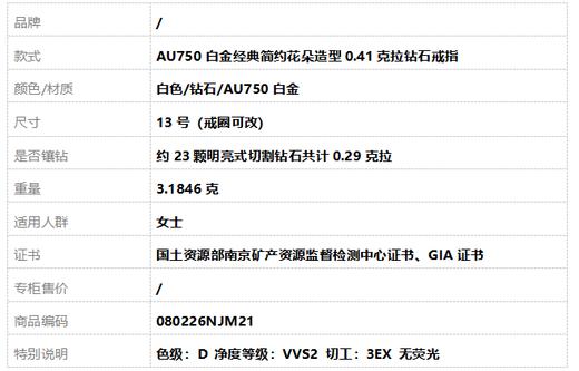 【天然正品】AU750白金经典简约花朵造型0.41克拉钻石戒指13号（戒圈可改）080226NJM21 商品图10