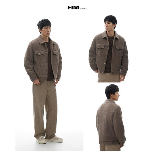 HIM漢崇【商场同款】轻暖复古肌理感羊毛呢夹克工装翻领夹棉外套 商品图3