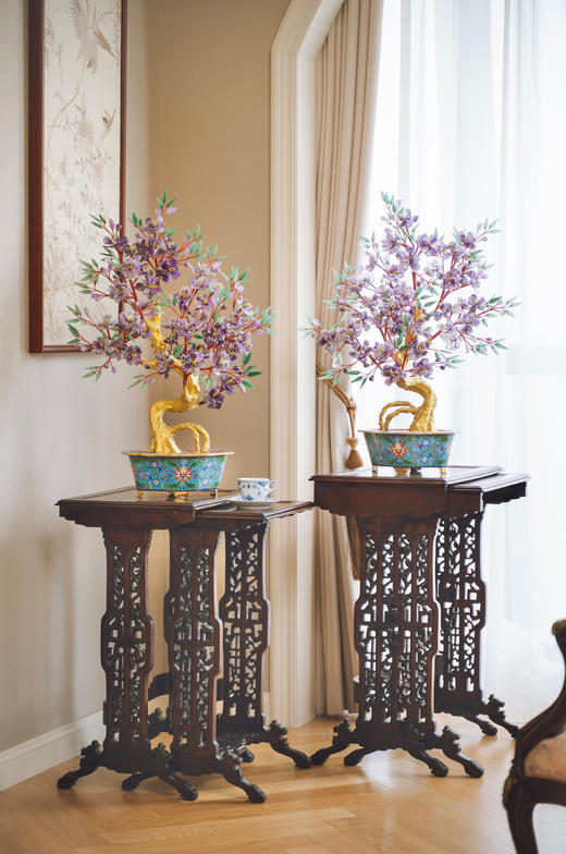 【已售】独角鹿西洋古董中国出品传统宝相花纹景泰蓝盆装饰「紫气东来」主题珍宝像生盆景一对 商品图0