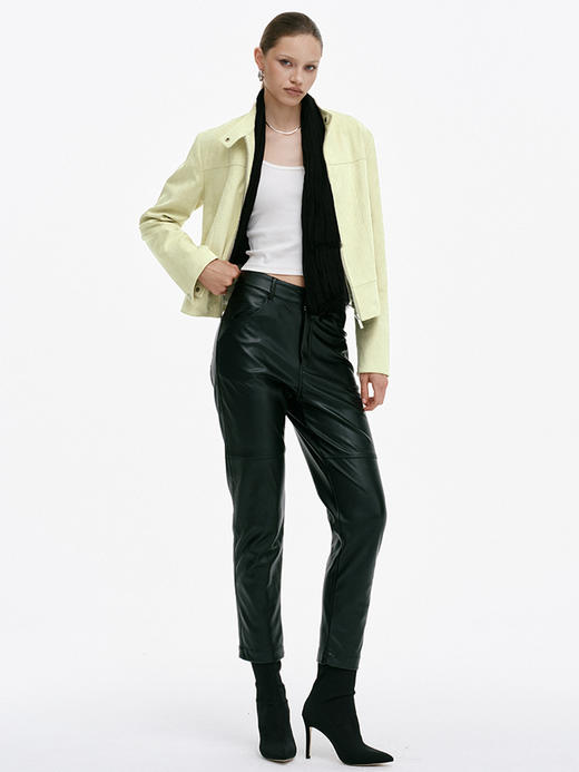 TR她热 肯豆私服 豆绿灰麂皮正肩复古显瘦拉链修身立领短款夹克外套 商品图4