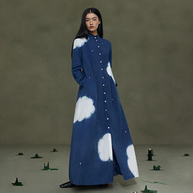 【林栖设计小店】植物染色|手工植物蓝丝棉牙签褶2026春新款立领连衣裙1961173