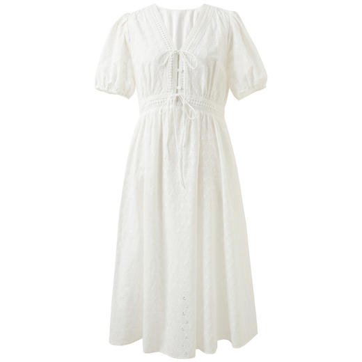 【理想裙】三彩2026春季新款法式纯棉V领镂空绣花连衣裙A字裙M 商品图4