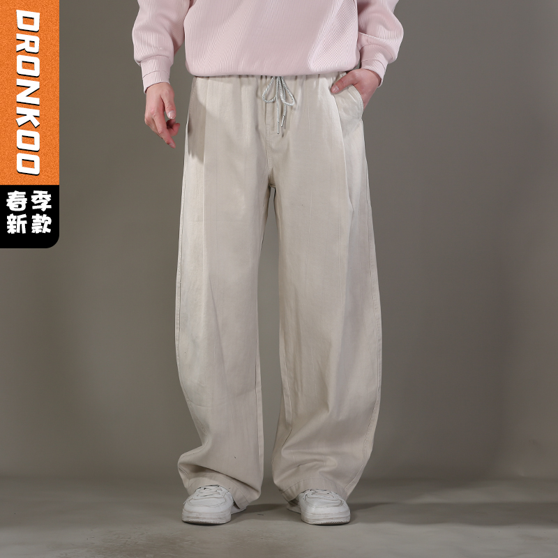 DRONKOO 2026 抽绳半松紧满幅不规则竖纹喷色做旧中厚休闲长裤