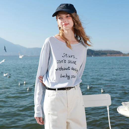 【莱赛尔】三彩2026春季新款慵懒休闲宽松字母T恤套头衫长袖M 商品图3