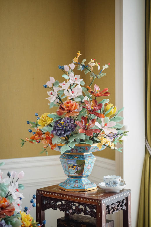 【已售】独角鹿西洋古董20世纪50-70年代中国创汇时期出品景泰蓝盆装饰「玉堂富贵」主题珍宝像生盆景一对 商品图3