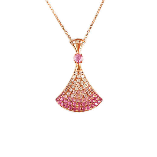 【天然正品】AU750玫瑰金经典简约定制款扇子造型钻石配粉色蓝宝石吊坠项链 链长：45CM（长度可调节）290126TJ33 商品图0
