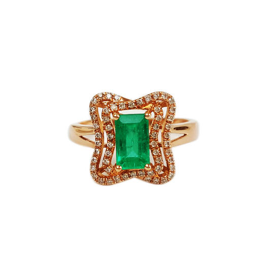 【天然正品】AU750玫瑰金镶钻镶天然祖母绿型艳绿0.84克拉祖母绿戒指12号（戒圈可改）290126NJS39 商品图0