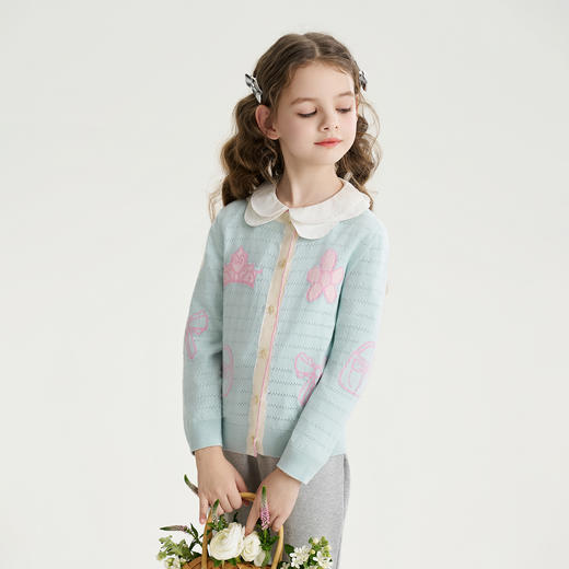 mettekids儿童针织衫2026春季新款女童蓝色花边桑蚕丝毛衣开衫 商品图2