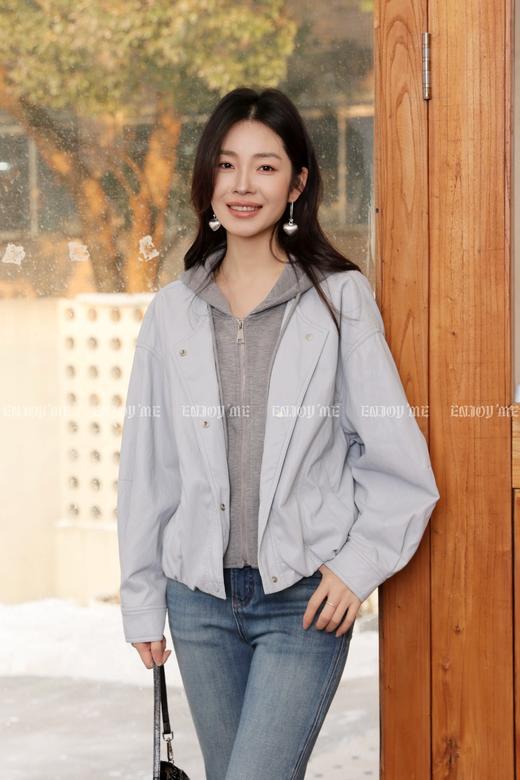 【门店同款】ENJOY春季“柔权主义”假两件连帽拼接皮衣 169193274 商品图1