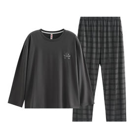 芬腾新款男士春秋季睡衣长袖长裤圆领套头纯棉简约全棉家居服套装