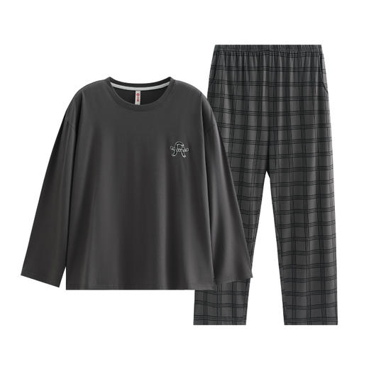 芬腾新款男士春秋季睡衣长袖长裤圆领套头纯棉简约全棉家居服套装 商品图0