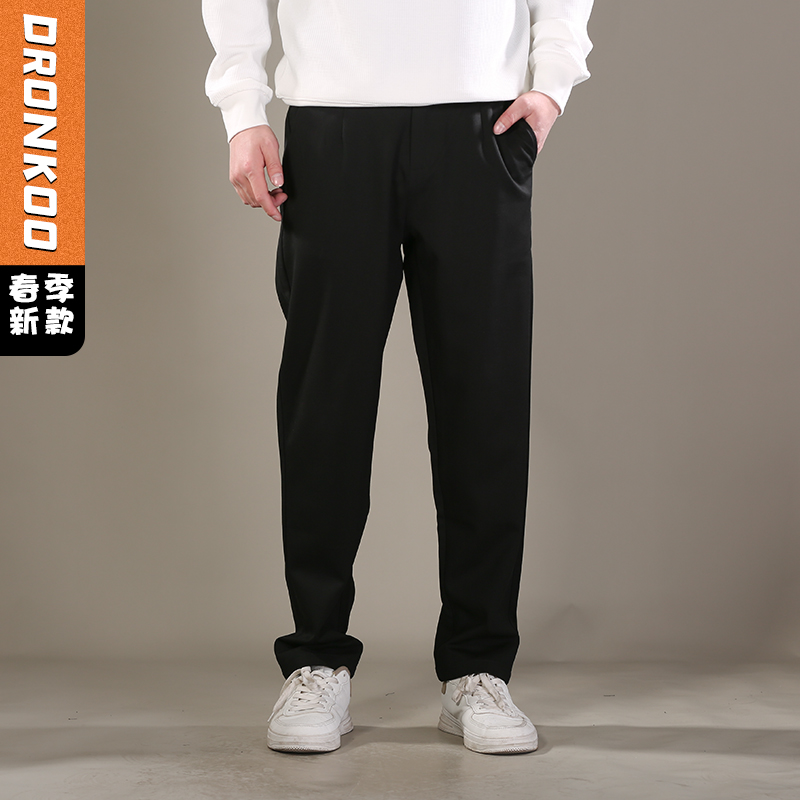 DRONKOO 2026 半松紧腰左金属扣后口袋绣线针织中厚休闲长裤