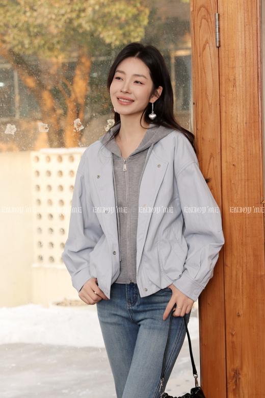 【门店同款】ENJOY春季“柔权主义”假两件连帽拼接皮衣 169193274 商品图3